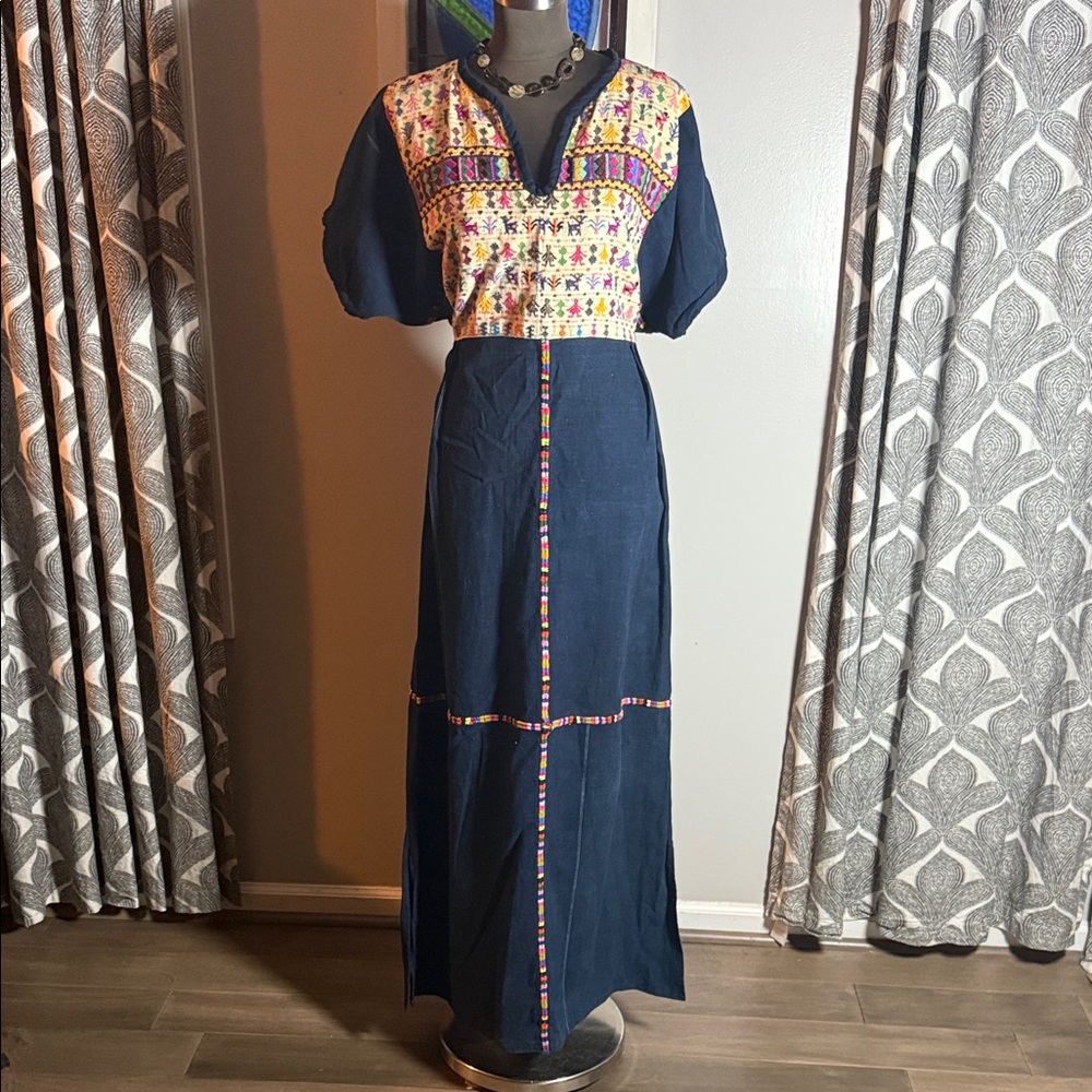1970s Guatemalan huipil-style embroidered maxi folk dress